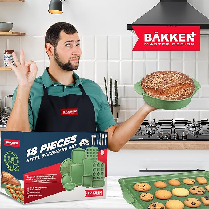 BAKKEN Kitchen Baking Pan Set - Nonstick Green Marble Coating, Carbon Steel Bakeware Sets with Green Silicone Handles, Kitchen Essentials, PFOA, PFOS, PTFE Free, Oven Safe (Up To 450° F), Set of 18