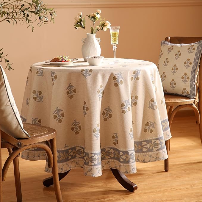 patdrea Designer Beige Tablecloth for Round Tables,Vintage Linen with Yellow Flowers Pattern Tablecloths,Rustic Floral Table Cover Cloth Decor for Kitchen Dining Christmas,Diameter 67"