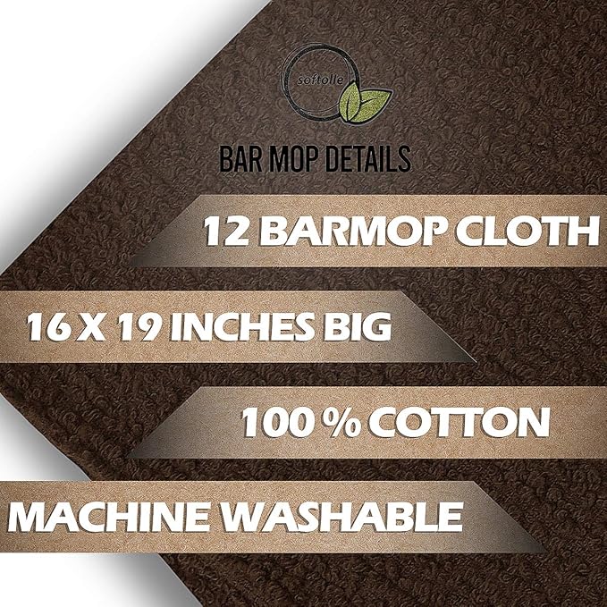 Softolle Bar Mop Towels, Pack of 12-16x19 Inches - 100% Cotton Super Absorbent Towels, Multi-Purpose for Home and Bar Cleaning (Brown)