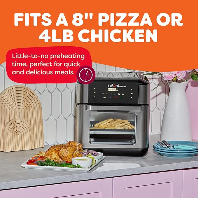Instant Pot 10QT Air Fryer, 7-in-1 Functions with EvenCrisp Technology that Crisps, Broils, Bakes, Roasts, Dehydrates, Reheats & Rotisseries, Includes over 100 In-App Recipes, Stainless Steel