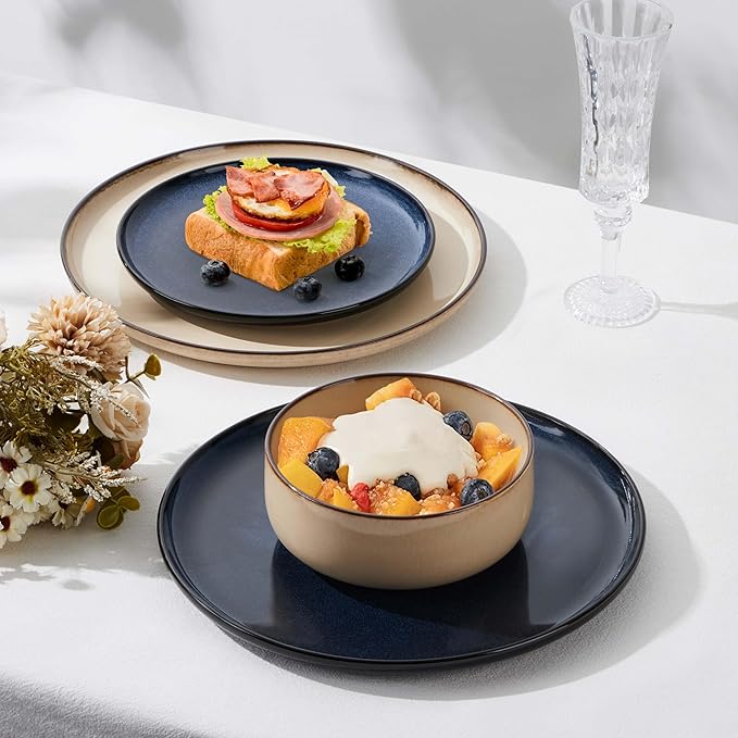 Herogo 12 Pieces Stoneware Dinnerware Dishes Set for 4, Kitchen Dining Plates and Bowls Sets, Double Reactive Glaze, Microwave & Dishwasher Safe, Scratch Resistant, Starry Blue & Cream Khaki