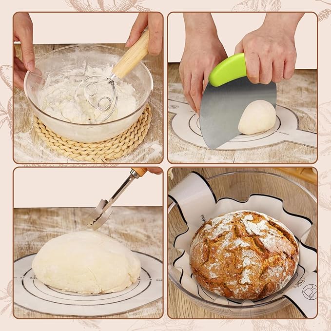 Sourdough Starter Kit, Sourdough Bread Baking Supplies with with 40oz Jar, 10" & 11" Cotton Banneton Proofing Baskets Set - Artisan Bread Tools, Silicone Sling for Homemade Sourdough Baking