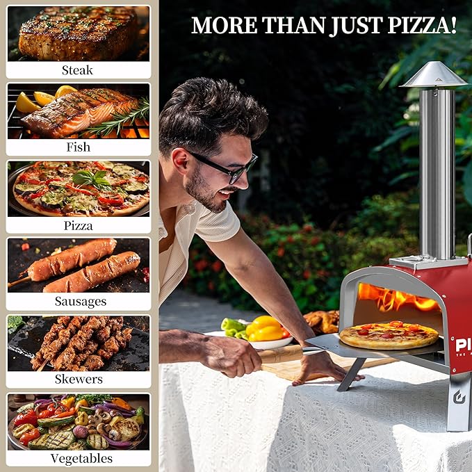 16" Outdoor Pizza Oven Propane & Wood Fired Stainless Steel Pizza Grill with Gas Burner, Wood Tray Pizza Stone, Pizza Peel, Carry Bag (Red)