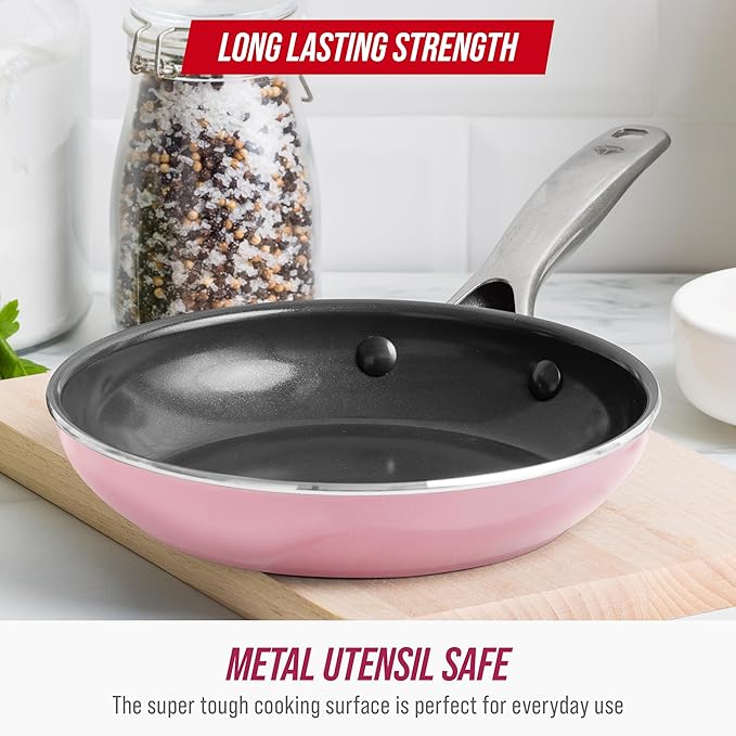 Blue Diamond Frying Pan 8” Skillet, Diamond Infused Healthy Ceramic Nonstick, PFAS and PFOA-Free, Dishwasher and Oven Safe, Even Heating, Metal Utensil Safe, Warp Control Base, Pink