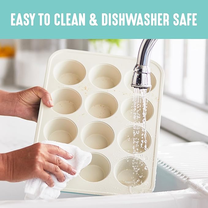 GreenLife 12-Cup Muffin Pan, Healthy Ceramic Nonstick Bakeware, PFOA & PFAS-Free Cupcake Tray, Durable Baking Pan, Versatile Kitchen Essential, Easy Clean Muffin Mold, Nonstick Baking Sheet, Turquoise