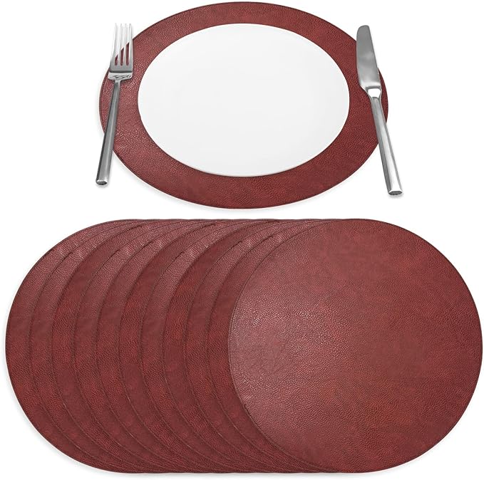 Morgan Faux Leather Set of 12 Placemats, 15" Round, Burgundy, Heat Resistant, Stain Resistant, Non-Slip, Reversible, Durable Table Mats for Kitchen, Dining Table, Indoor Washable Use