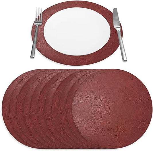 Morgan Faux Leather Set of 12 Placemats, 15" Round, Burgundy, Heat Resistant, Stain Resistant, Non-Slip, Reversible, Durable Table Mats for Kitchen, Dining Table, Indoor Washable Use
