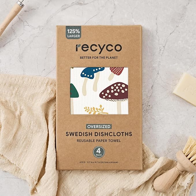 RECYCO Swedish Dishcloths for Kitchen | 4 Pack Oversized Washable Dish Rags | Large Cellulose Reusable Cleaning Paper Towels | Absorbent Counter Dish Cloth Sponge XL Kitchen Wipes, 12" L x 10" W