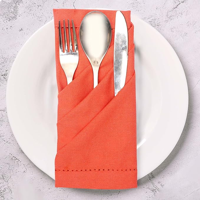 Urban Villa Fall Cloth Napkins Hemstitch Dinner Napkins Orange Color 20''x20'' (Set of 12) 100% Cotton Absorbent Napkins Soft Durable Reusable Washable Ideal for Events Parties Everyday use