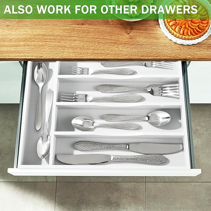Greenual White Silverware Organizer 10 In Utensil Organizer Silverware Tray for Drawer Cutlery Flatware Organizer for Kitchen Bamboo Wood