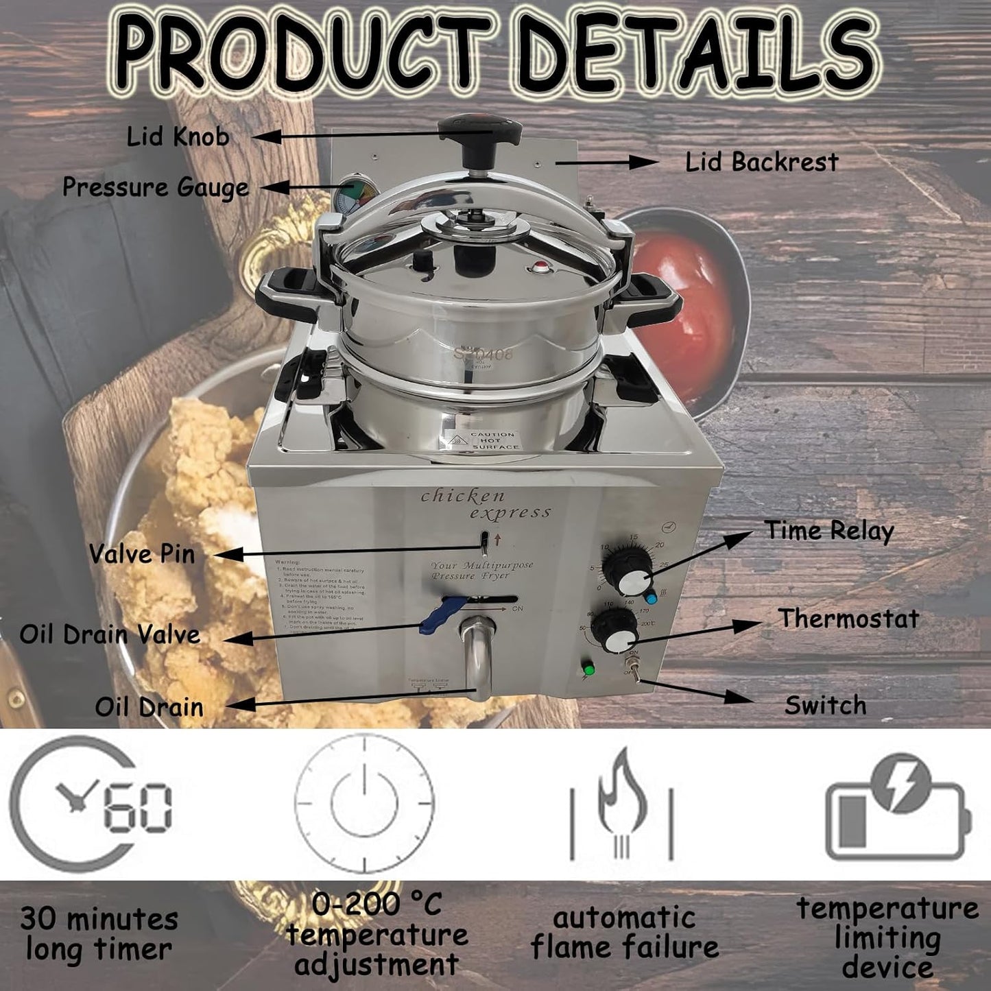 110V 16L Commercial High Pressure Fried Chicken Stove 2.4KW Electric Countertop Pressure Fryer Stainless Steel Kitchen Frying Machine for Snack Bar Restaurant