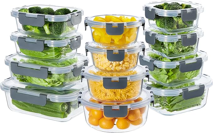 24 Pieces Glass Meal Prep Containers, Glass Food Storage Containers with Lids, Reusable Airtight Leakproof Lunch Bento Boxes Freezer, Microwave Oven and Dishwasher, Gray