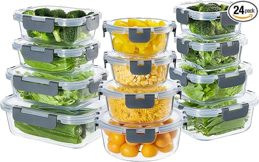 24 Pieces Glass Meal Prep Containers, Glass Food Storage Containers with Lids, Reusable Airtight Leakproof Lunch Bento Boxes Freezer, Microwave Oven and Dishwasher, Gray