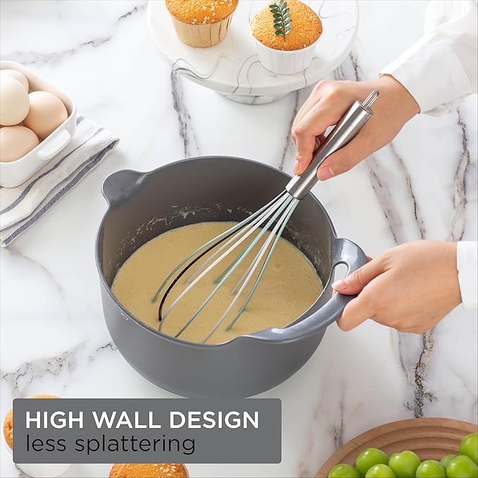 COOK WITH COLOR Nesting Plastic Mixing Bowl Set with Pour Spouts and Handles, Grey, 4 Piece Non-Slip