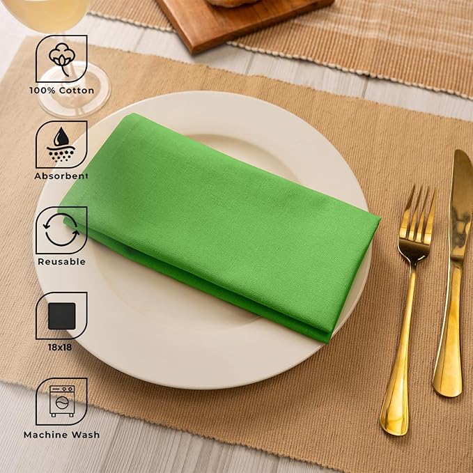 Blue Needles Solid Cloth Napkins Set of 6 Apple Green 100% Cotton Dinner Napkins 18x18 inches - Soft, Reusable, Absorbent & Washable Fall Thanksgiving Linen, Ideal for Events, Parties & Everyday Use