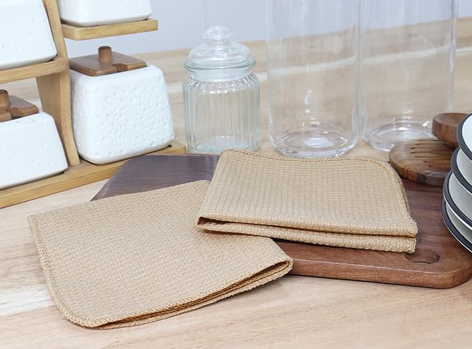 PurpleEssences Dish Cloths and Dish Rags - 8 Pack Waffle Weave Solid Kitchen Dish Wash Cloths, 100% Cotton, 12 x 12 Inches, Ultra Soft Absorbent Quick Drying - Christmas Holiday Winter - Beige