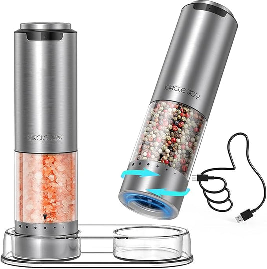 CIRCLE JOY Rechargeable Electric Salt and Pepper Grinder Set with Base, Stainless Steel Pepper Mills with 95ml Container, White LED Light and External Adjustable Coarseness, Silver