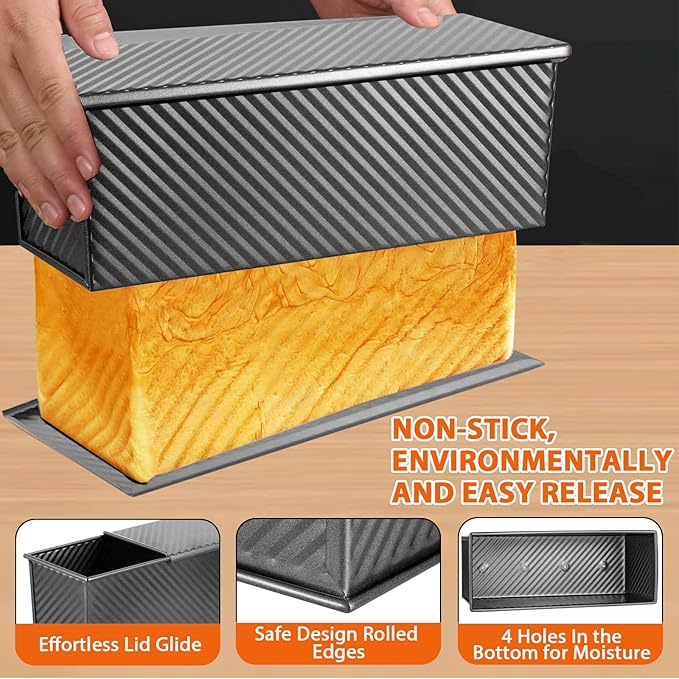 Non-Stick Pullman Loaf Pan with Lid 13x4 Inch - 2.2lb Carbon Steel Bread Baking Pan with 4 Vent Holes, Heavy Duty Sourdough Loaf Pan with Cover for Homemade Sandwich Bread (Black)