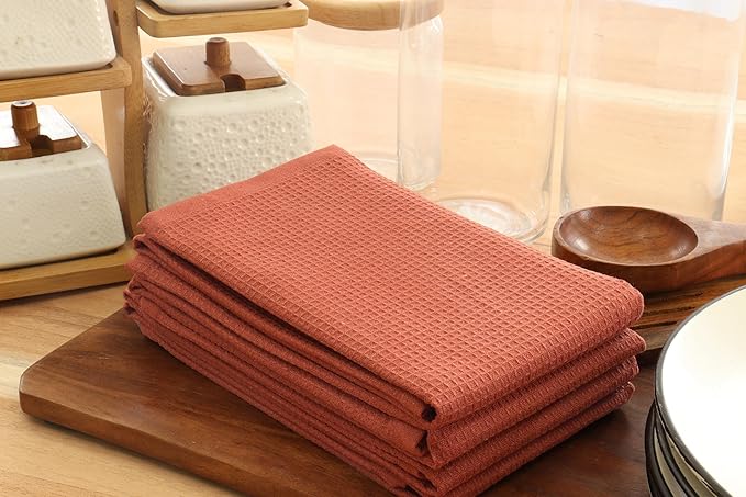 PurpleEssences Rust Waffle Weave Kitchen Towel, 100% Cotton 15x25 Inches, with Hanging Loop Soft Absorbent Quick Drying Dish Cloth, Tea and Hand Towels, 6 Pack - Christmas Holiday Winter - Rust