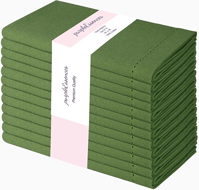 PurpleEssences Set of 12 Hemstitch Cloth Dinner Napkins 100% Cotton - Soft Durable Washable - Ideal for Wedding Christmas Holiday Winter - Perfect Everyday Use Table Linen 18x18 - Sage Green