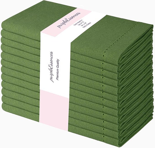 PurpleEssences Set of 12 Hemstitch Cloth Dinner Napkins 100% Cotton - Soft Durable Washable - Ideal for Wedding Christmas Holiday Winter - Perfect Everyday Use Table Linen 18x18 - Sage Green