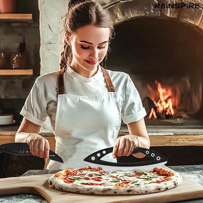 Rainspire 12" Pizza Cutter Rocker Blade Stainless Steel Pizza Rocker with Cover Sharp Blade Pizza Knife Dishwasher Safe Kitchen Gadgets Home Essentials, Black