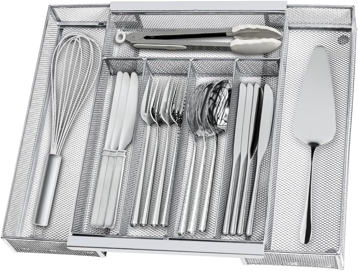 Silverware Organizer Metal Mesh, Drawer Organizer, Utensil Cutlery Tray Expandable Flatware Organizer with 7 Compartment Silver 9.4"~17.3" x 13.7"