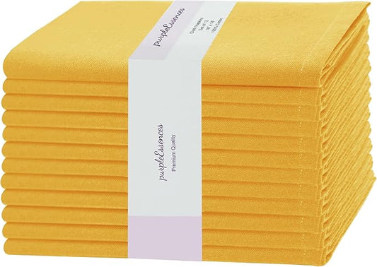 PurpleEssences Set of 12 Cloth Dinner Napkins 100% Cotton 18x18 Inch - Soft Durable Washable - Ideal for Farmhouse Party Christmas Holiday Winter - Perfect Everyday Use Table Linen - Golden Yellow