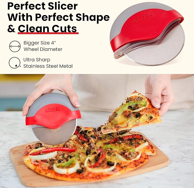 Premium Pizza Cutter Wheel - Slicer with Protective Blade Guard - Razor Sharp Stainless Steel - Easy to Clean & Detachable Slicer - Round Shaper With Cover & Slip Resistant Handle