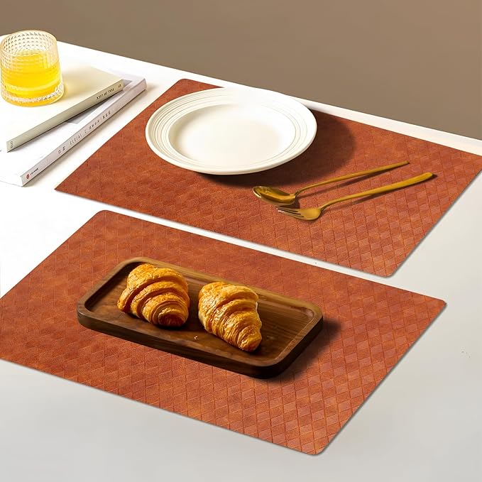 Vinyl Placemats Set of 6-12×17.7 Inch Waterproof & Heattable Placemats, Fall Faux Leather Wipeable Outdoor Table Mat for Dining, Kitchen, Indoor Outdoor Use (Caramel brown, Diamond pattern)