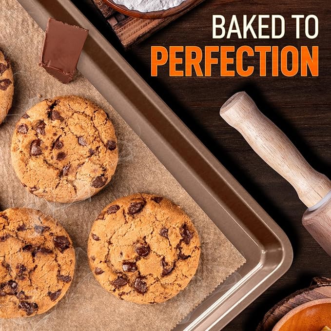 NutriChef 3-Piece Nonstick Baking Pans Set - Thick Carbon Steel Oven Bake Trays - Includes XL, Medium, & Small Sizes - Versatile Cookie Sheets for Baking & Roasting, Dishwasher Safe - Gold