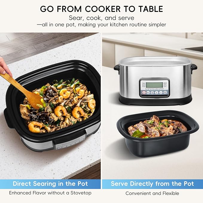 6.5 Quart Multi Cooker 11-in-1, Programmable Slow Cooker With Bake, Sauté, Roast, and Sous Vide functions, 1500W Timer & Temperature Control, Dishwasher Safe Lid & Nonstick Inner Pot