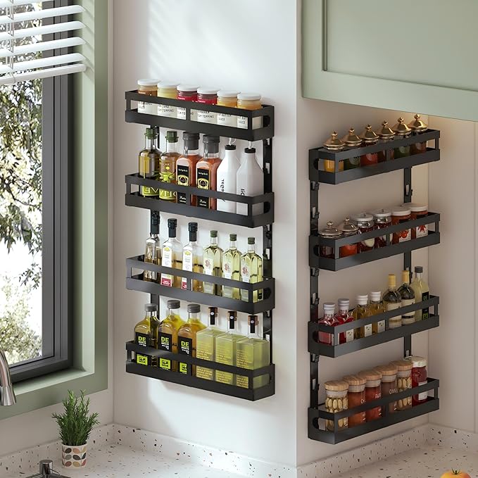 X-cosrack 4-Tier Small Wall Mounted Spice Rack Organizer, Hanging Spice Shelf for Cabinet or Pantry, Height-Adjustable Seasoning Holder for Kitchen Storage, Black