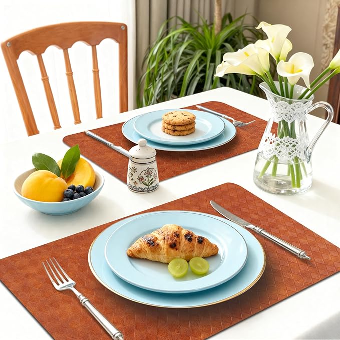Vinyl Placemats Set of 6-12×17.7 Inch Waterproof & Heattable Placemats, Fall Faux Leather Wipeable Outdoor Table Mat for Dining, Kitchen, Indoor Outdoor Use (Caramel brown, Diamond pattern)