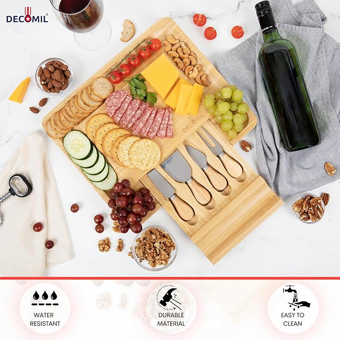DECOMIL - Bamboo Cheese Board and Knife Set, Charcuterie Set, Cheese Board and Cutlery Set, Cheese Cutting Board,%100 Bamboo and Durable