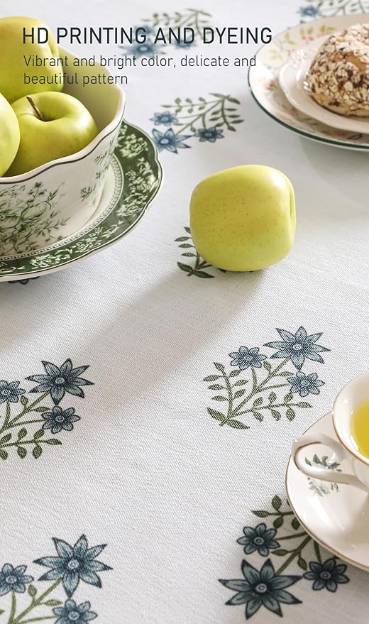 Floral Tablecloth for Square Tables,Linen Table Cloth with Blue Flowers and Green Leaves Pattern,Heavy Durable Table Cover for Dining Thanksgiving Kitchen Party Banquet Christmas,67"*67"