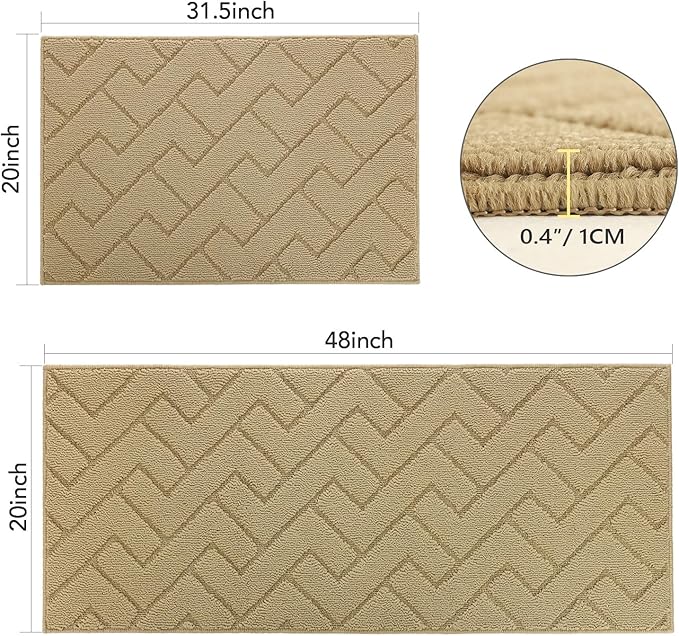 hicorfe Kitchen Rugs and Mats Sets,2 Pieces Super Absorbent Polypropylene Non-Slip Rug,Soft Comfort Floor Mat,Machine Wash for Kitchen,Hallway,Office,Sink,Laundry(20" x 31.5" Plus 20" x 48",Beige