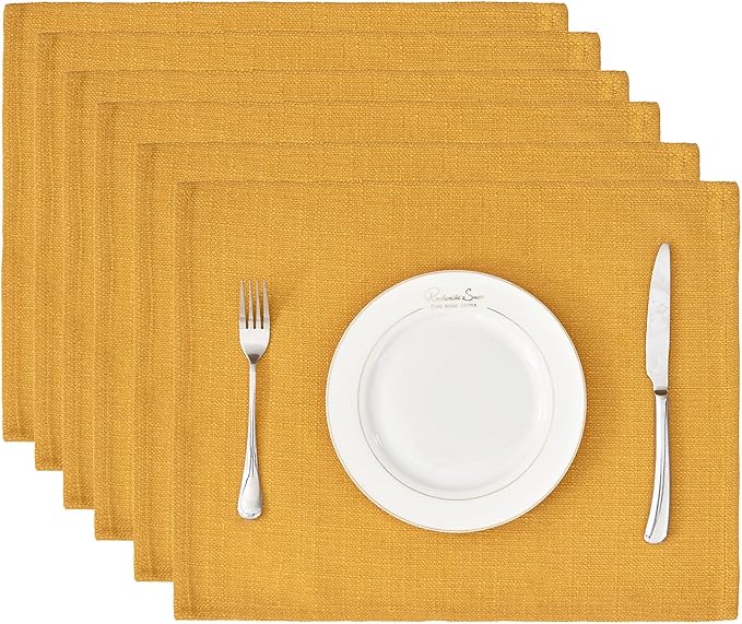 BALCONY & FALCON Placemats Set of 6 Faux Linen Cloth Place Mats Washable Waterproof Wrinkle Resistant Table Placemats for Dining Kitchen Farmhouse Indoor & Outdoor Use(Golden, 13.8”x 17.7”