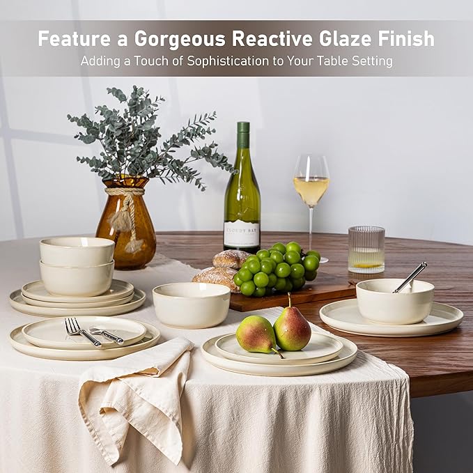 GBHOME Ceramic Dinnerware Sets for 4, 12 Pieces Stoneware Plates and Bowls Sets, Scratch Resistant Dishes, Dishwasher & Microwave Safe, Reactive Glaze-Vanilla color