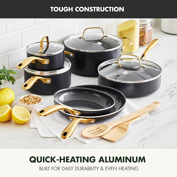 GreenPan 12 Piece Nonstick Swift Cookware Set, Ceramic PFAS-Free Pots & Pans with Lids, Dishwasher & Oven/Broiler Safe to 600F, Kitchen Cooking Set, Sauce, Saute, Stock, Frying Pans, Black/Gold