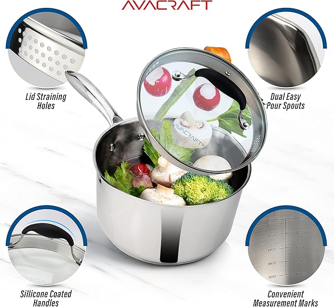 AVACRAFT Stainless Steel Saucepan with Glass Lid, Strainer Lid, Two Side Spouts for Easy Pour with Ergonomic Handle, Multipurpose Sauce Pan, Sauce Pot (5-Ply Capsule Bottom, 3.5 Quart)