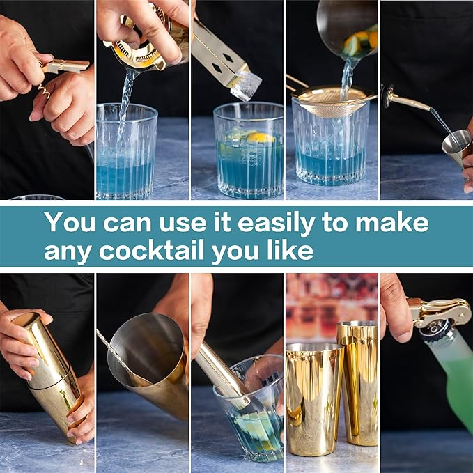 11-Pcs Cocktail Shaker Set Gold,Bartending Kit Stainless Steel Shakers 25oz Bar Kits for Bartender Mixing Set Barware Tool Sets for Professional Bartender and Home