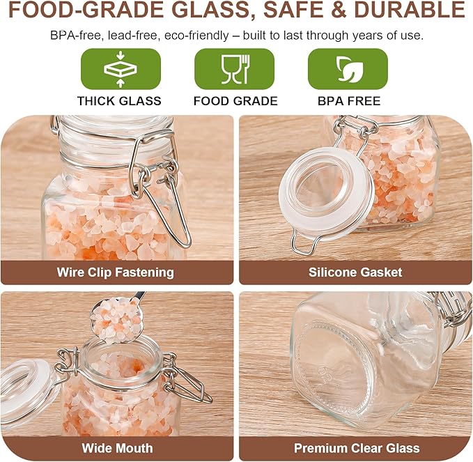 4oz Glass Jars with Lids, Set of 12 Mini Airtight Containers & Canisters, Small Mason Canning Jars with Wire Clip Seal for Spices, Jam, Honey, Kitchen & Wedding