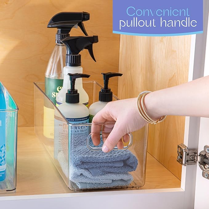 Plastic Food Storage 2 Pack Clear Container Bin with Handles for Organizing Kitchen, Pantry, Refrigerator, Freezer, Pantry, Cabinet, Closet, Bathroom. 16”x6”x5”