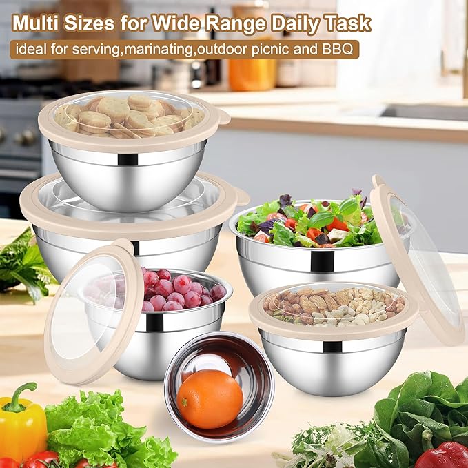 LIANYU 6 PCS Large Mixing Bowls with Visible Lids Set, Size 7, 3.5, 2.5, 2, 1.5, 1QT, Stainless Steel Kitchen Metal Nesting Bowls for Cooking, Baking, Serving, Freezer & Dishwasher Safe, Khaki