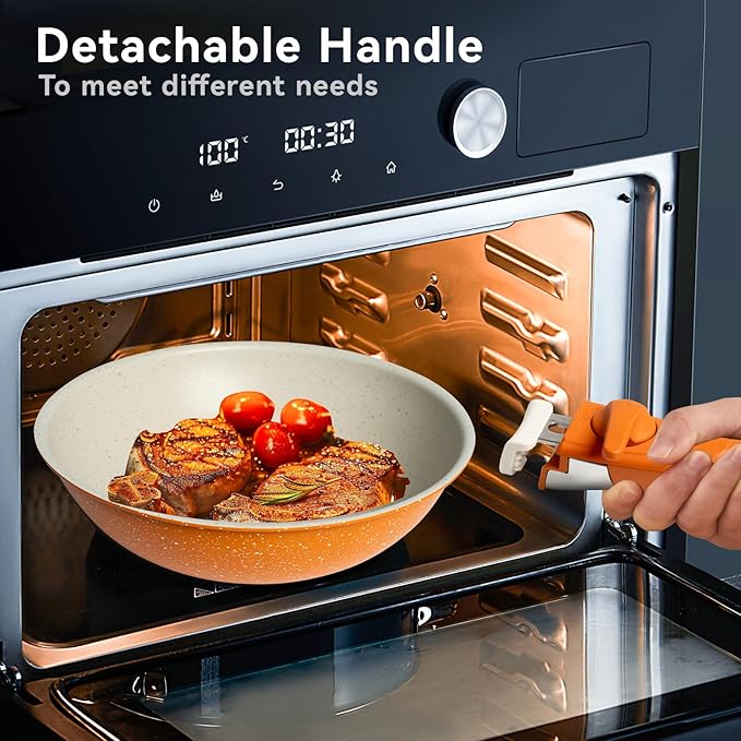 Ceramic Cookware Sets, Pots and Pans Set Nonstick, 22Pcs Induction Cookware, Non-toxic Healthy Non Stick Kitchen Cooking Set with Detachable Handles, PFAS PTFE PFOA PFOS Free (Orange)