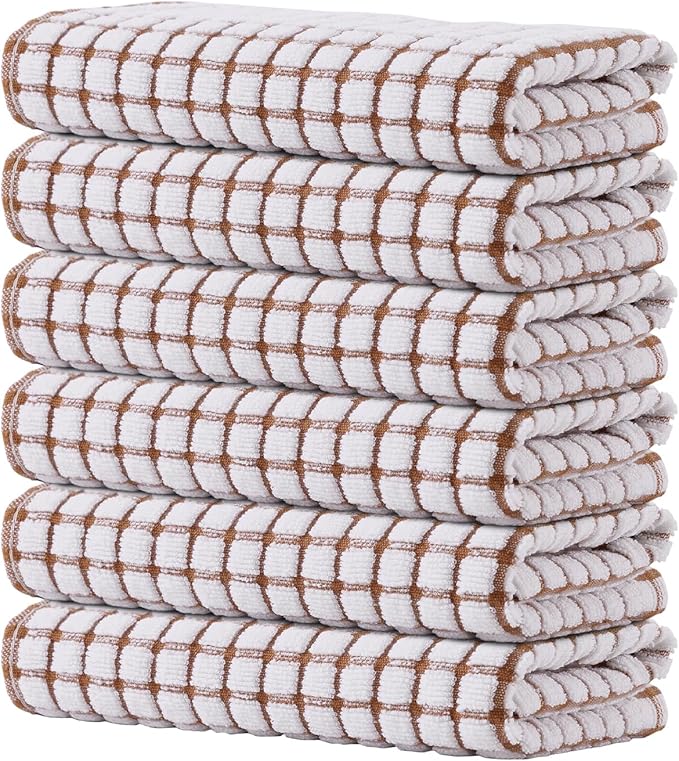 Kitinjoy Cotton 6 Pack Terry Kitchen Towels, 16 x 25 Inches Super Soft and Absorbent Dish Towels, Quick Drying Hand Towels for Kitchen Drying, Brown