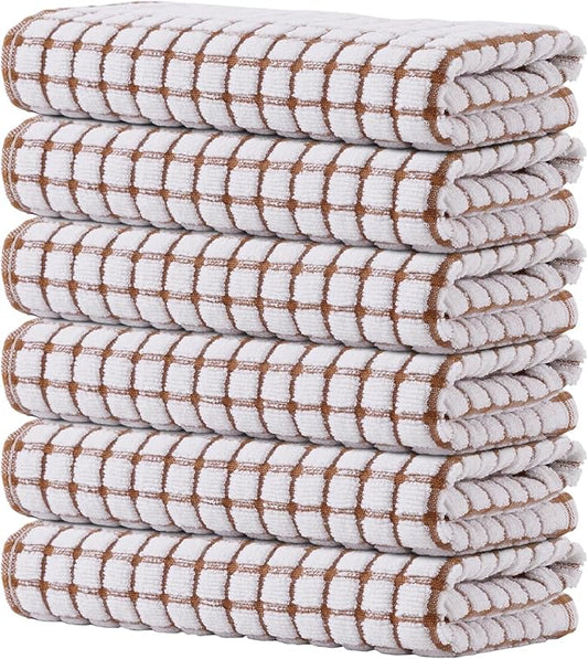 Kitinjoy Cotton 6 Pack Terry Kitchen Towels, 16 x 25 Inches Super Soft and Absorbent Dish Towels, Quick Drying Hand Towels for Kitchen Drying, Brown