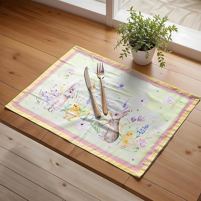 Maison d' Hermine Placemats Set of 4 100% Cotton Washable Cloth Place Mats, Reusable Table Mats for Kitchen Dining Decoration, Party, Wedding, Restaurant Spring/Summer (Easter Zest, 13" x 19")