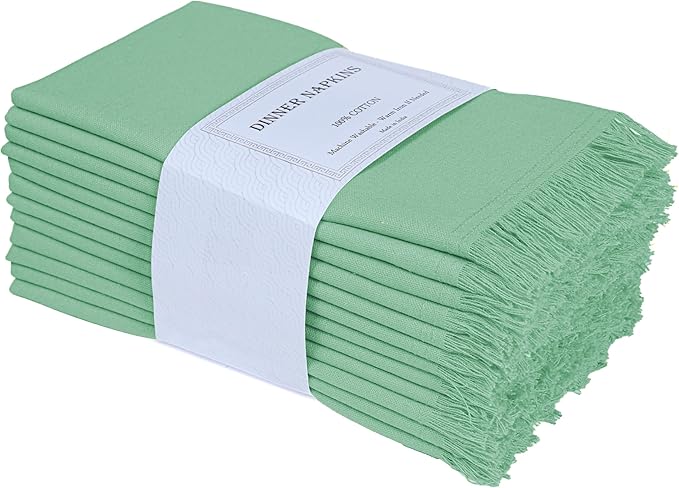 Bedding Craft Cotton Cloth Dinner Napkins Set of 12 – 18x18 Bird Egg Gray (Sea Green) with Fringed Corners – Machine Washable Fabric Napkins for Weddings, Parties & Everyday Dining